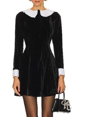 NWT Vivetta Scrunched Velvet Mini Dress in Black Long Sleeve Peter Pan Collar 38